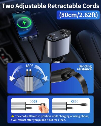 Retractable Car Charger, 4 in 1 Fast Charging Car Charger with USB-C & USB-A, Compatible with iPhone 17/16/15/14/13/12/11,Galaxy,Pixel, Car Accessories for Men Women Drivers - Image 2