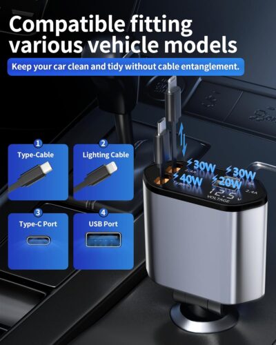 Retractable Car Charger, 4 in 1 Fast Charging Car Charger with USB-C & USB-A, Compatible with iPhone 17/16/15/14/13/12/11,Galaxy,Pixel, Car Accessories for Men Women Drivers - Image 5