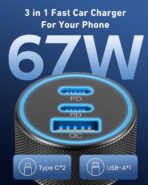 67W 3-Port Super Fast Type C Car Charger USB C for Samsung Galaxy S26 S25 S24 S23 S22 Ultra, iPhone 17/Air/16/15 Pro Max, Android, PD/QC Car Phone Adapter Accessories for Men Women + 3FT USB-C Cable - Image 2