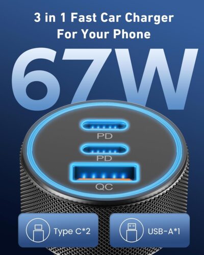 67W 3-Port Super Fast Type C Car Charger USB C for Samsung Galaxy S26 S25 S24 S23 S22 Ultra, iPhone 17/Air/16/15 Pro Max, Android, PD/QC Car Phone Adapter Accessories for Men Women + 3FT USB-C Cable - Image 2