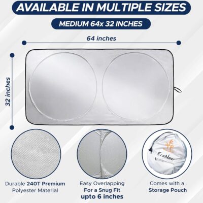 EcoNour Car Windshield Sunshade | Blocks 99% Heat & Keeps Interior Cool | Universal Fits Cars, SUVs, Trucks | Automotive Sun Screen, Visor & Car Accessories for Summer | Medium (64x32 Inches) - Image 6