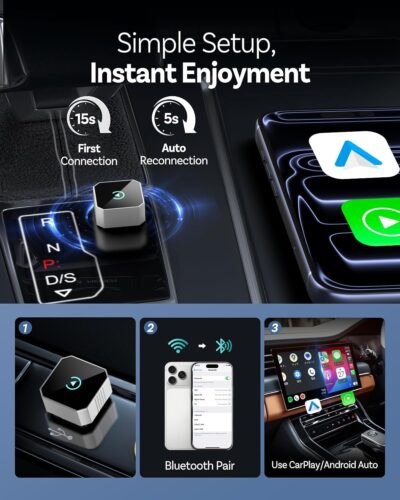 2026 Wireless CarPlay Adapter for iPhone ＆ Android Auto Mini Wired to Wireless Apple Car Play Adapter Plug & Play Compatible for iPhone iOS 10+ Android 11+ with After 2016 Cars Automotive Compasses - Image 3
