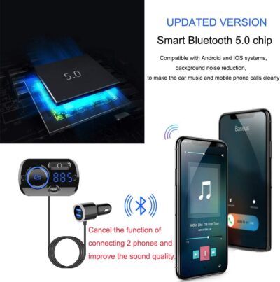 Bluetooth Car FM Transmitter,HIDOU Bluetooth 5.0 Car Radio Adapter Receiver with 7 Color Light,QC3.0/2.4A USB Car Charger Kit,Siri Assistant,Handsfree Mp3 Player Black - Image 2