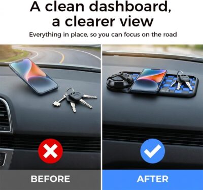 Multifunctional Car Anti-Slip Dashboard Mat with 360° Rotating Phone Holder & Hidden Parking Number Plate, Universal Anti Slip Mat for Car Dashboard Organizer for Phone, Keys, Sunglasses (White) - Image 3