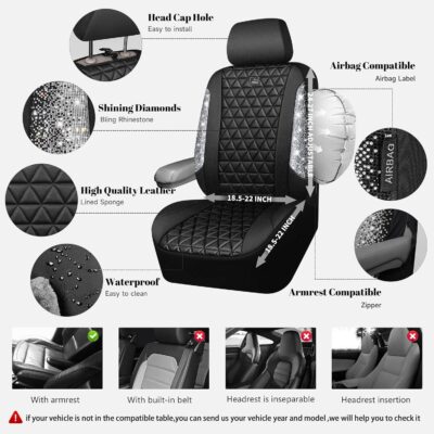 CAR PASS Bling Diamond Leather Car Seat Covers for 2 Front Interior Sets, Waterproof Shining Glitter Sparkly Crystal Universal Armrest Fit Automotive Truck SUV Cute Women Girl, Black Silver Rhinestone - Image 3