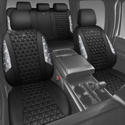 CAR PASS Bling Diamond Leather Car Seat Covers for 2 Front Interior Sets, Waterproof Shining Glitter Sparkly Crystal Universal Armrest Fit Automotive Truck SUV Cute Women Girl, Black Silver Rhinestone - Image 7