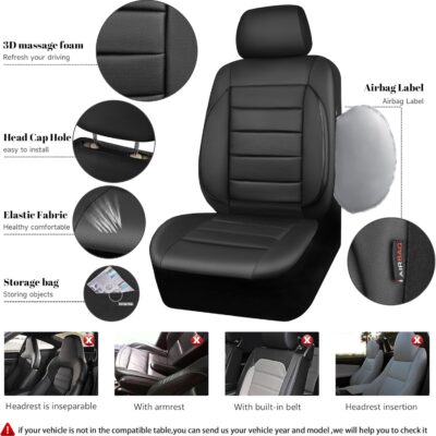 CAR PASS Leather Seat Covers Full Set Universal Water Resistant 3D Foam Back Support, Luxury Comfort Automotive 5 Seat Covers All Season Fit for SUV,Sedan,Van, Airbag Compatible Elegance(Pure Black) - Image 3