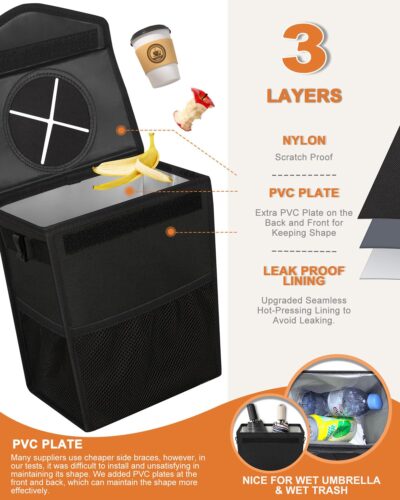 Car Trash Can with Lid, Cute Leakproof Car Trash Garbage Bag Hanging Vehicle Trash Bin Small Portable Automotive Garbage Cans Organizer for Back/Front Seat/Console(Trapezoid,Black) - Image 3