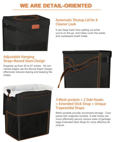 Car Trash Can with Lid, Cute Leakproof Car Trash Garbage Bag Hanging Vehicle Trash Bin Small Portable Automotive Garbage Cans Organizer for Back/Front Seat/Console(Trapezoid,Black) - Image 4