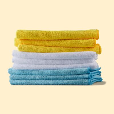 Amazon Basics Microfiber Cleaning Cloths for Cars, Non-Abrasive, Highly Absorbent, Lint and Scratch-Free, Reusable and Washable, Car Detailing Towels, 16" x 12", Blue/White/Yellow, 144-Pack - Image 8