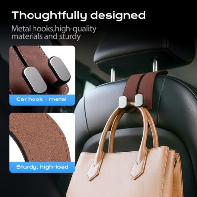 2026 Car Headrest Storage Hooks - Universal Backseat Hanger Organizer for Handbags & Grocery Bags (1, Brown) - Image 3