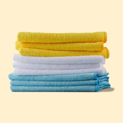 Amazon Basics Microfiber Cleaning Cloths, Highly Absorbent, Scratch-Free, Ultra-Soft, Non-Abrasive, Reusable and Washable, 16" x 12", Blue/White/Yellow, 48-Pack - Image 6