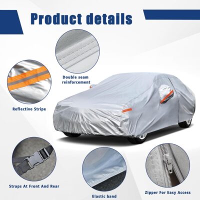 Kayme 6 Layers Car Cover Custom Fit for Toyota Camry Sedan/Solara (1996-2025) Waterproof All Weather for Automobiles, Outdoor Full Cover Rain Sun UV Protection with Zipper Cotton/Silver - Image 3