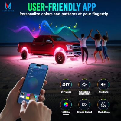 MICTUNING C4 RGBW Rock Lights Kit, 8 Pods 360° Ultra-Bright 4-Sided Wide Beam Angle Underglow Neon Accent Lighting Kit, Microphone Sync with APP Control, IP68 Waterproof - Image 5