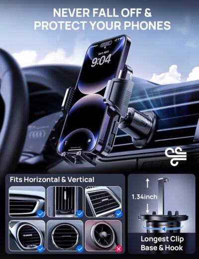 Firm-hold Air Vent Car Phone Holder for iPhone,Rotatable Universal Phone Mount with Adjustable Wide Clamp Metal Hook,Anti-vibration,Single-press Release,Heat-resistant,(Upgrade Hook Clip Never Shake) - Image 6