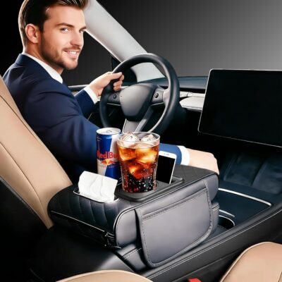 Car Armrest Cushion, Car Center Console Cover, Leather Armrest Cover for Car, Universal Middle Console Cushion with Storage Box, Cup Holder, Phone Slot, Waterproof Interior Accessories (Light gray) - Image 7