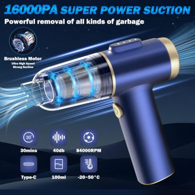 Handheld Car Vacuum Cleaner, 2-in-1 Portable Mini Car Vacuum Cleaner,16000Pa High Power & Air Duster, Handheld Vacuum Cordless with LED Light and Multi-Nozzles for Car,Home,Office,Pet(Blue) - Image 4