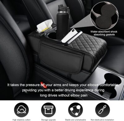 Car Center Console Armrest Pillow, Leather Car Armrest Cushion with Cup Holder & Phone Holder, Universal Armrest Storage Box Protector for Most Vehicles, Car Accessories (Black, Normal) - Image 5