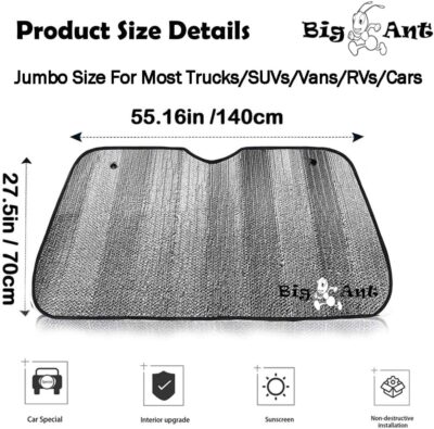Big Ant Car Windshield Sunshade UV Ray Reflector Auto Window Sun Shade Visor Shield Cover, Keeps Vehicle Cool- Sliver (55" x 27.5") - Image 4