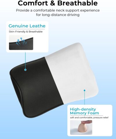 Aukee Car Headrest Pillow with Genuine Leather Cover Memory Foam Neck Cushion with 4 Extension Straps Adjuatable and Comfortable for Driving Home Office Black (Pack of 2) - Image 3