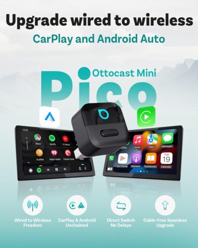 OTTOCAST Mini Pico Wireless CarPlay & Android Auto Adapter – WiFi 6 + Bluetooth 5.4, Plug & Play, Fast Auto-Reconnect, Ultra-Compact Design, Works with Factory Wired CarPlay Cars - Image 2