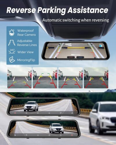 4K Rear View Mirror Camera with Carplay&Android Auto,12" Mirror Dash Cam Front and Rear with Voice Control for Cars&Trucks,Smart Touch Screen,64GB Card Included/Loop Record/Reverse Assist - Image 6