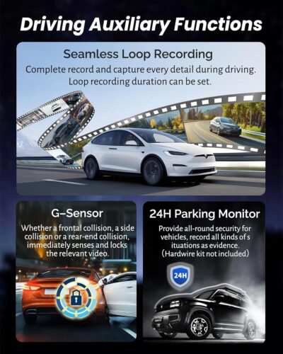 4K Rear View Mirror Camera with Carplay&Android Auto,12" Mirror Dash Cam Front and Rear with Voice Control for Cars&Trucks,Smart Touch Screen,64GB Card Included/Loop Record/Reverse Assist - Image 7