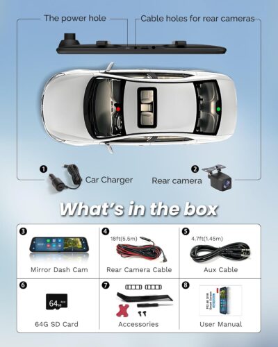 4K Rear View Mirror Camera with Carplay&Android Auto,12" Mirror Dash Cam Front and Rear with Voice Control for Cars&Trucks,Smart Touch Screen,64GB Card Included/Loop Record/Reverse Assist - Image 9