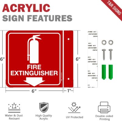 T&R Fire Extinguisher Sign, Fire Extinguisher with Down Arrow - 12 Pack - 6 x 6 Inches Acrylic, 2 pre-drilled holes, Includes Matching Screws, Use for Home Office/Business - Image 2