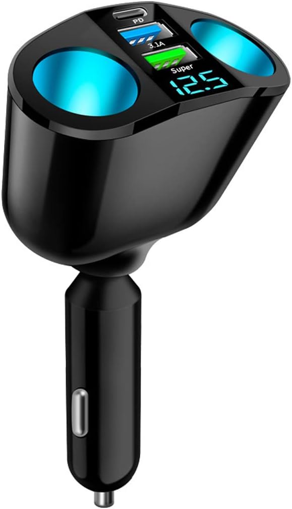 414nbLZnJiL._AC_SL1200_.jpg Car Cigarette Lighter Splitter, 2-Socket Cigarette Lighter Adapter with LED Voltmeter, Dual USB QC3.0 Type-C 20W PD Fast Car Charger, 12V/24V Splitter Adapter for Smart Phone GPS Dash Cam - Image 1