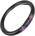 BDK GripGrab Comfort Grip - Purple & Pink Flowers Design on Black Synthetic Leather Steering Wheel Cover 15" - SW-538_AM