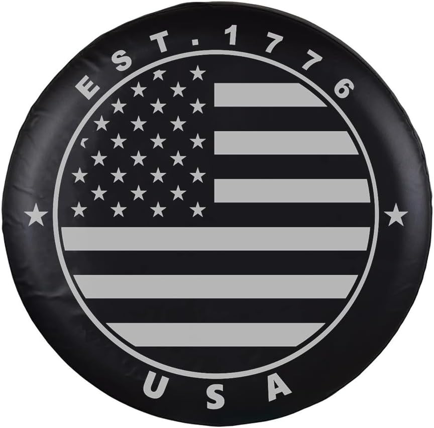 51-8Tgi8AyL._AC_SL1031_.jpg Black Spare Tire Wheel Cover with American US Flag PVC Leather Waterproof Dust-Proof Universal Fit for Jeep, Trailer, RV, SUV, Camper and Van (14 Inch) - Image 1