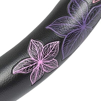 BDK GripGrab Comfort Grip - Purple & Pink Flowers Design on Black Synthetic Leather Steering Wheel Cover 15" - SW-538_AM - Image 4