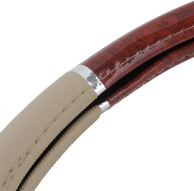 BDK Dark Wood Grain Car Steering Wheel Cover, Standard 15 inch with Beige Faux Leather Grip, Made to Fit Most Auto Truck Van SUV - Image 6