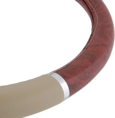 BDK Dark Wood Grain Car Steering Wheel Cover, Standard 15 inch with Beige Faux Leather Grip, Made to Fit Most Auto Truck Van SUV - Image 9