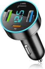 4 Ports Fast Car Charger,[Upgrade Voltmeter Display] PD+QC3.0+USB C Car Charger for 12-24V Cigarette Lighter Plug,Car Phone Charger Compatible with iPhone/Android/Samsung/iPad (QC3.0+Type-C+PD+2.4A)