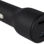 Amazon Basics Fast-Charging Car Charger, Dual-Port, 1 USBC+1 USB-A, 48W, Black