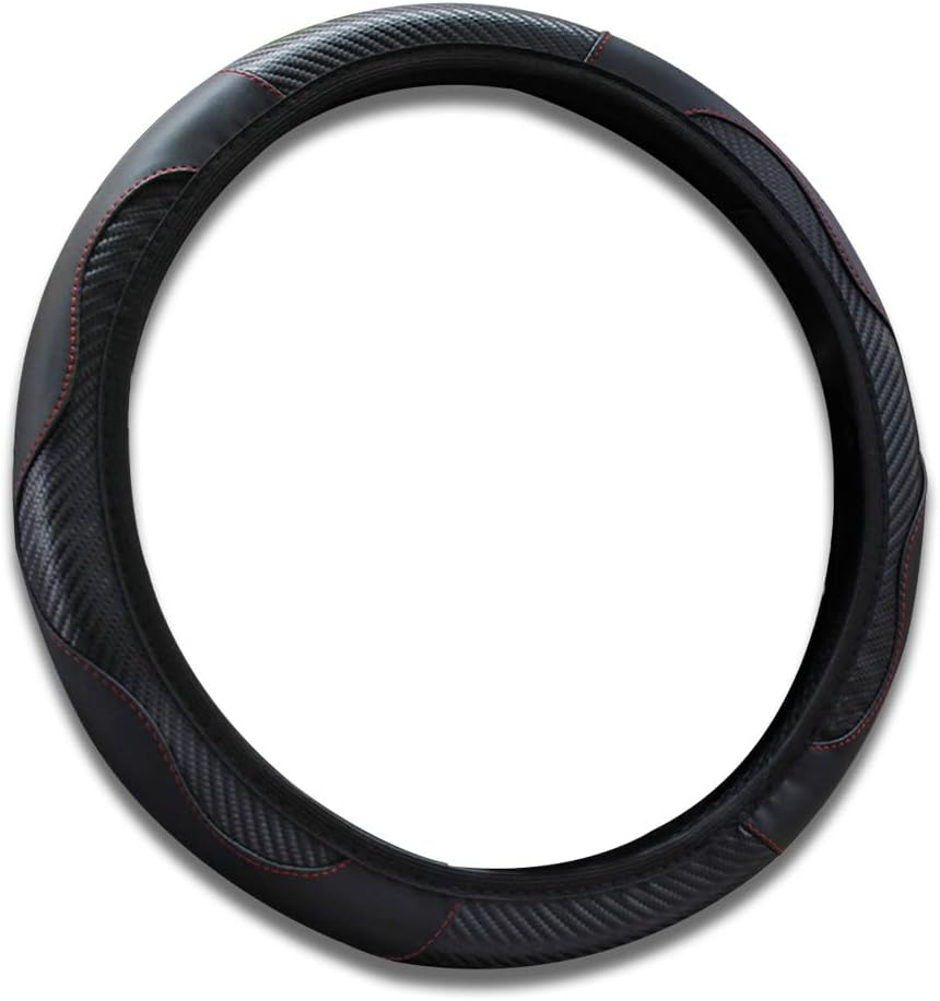 51AymjINY3L._AC_SL1200_.jpg 15 inch Car Steering Wheel Cover, Carbon Fiber Microfiber PU Leather Elastic Steering Wheel Protector for Men Women, Anti-Slip Breathable Car Interior Accessories (Black) - Image 1