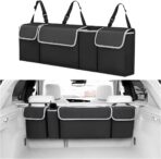 Car Trunk Organizer with Lid, Large Waterproof Vehicle Backseat Hanging Storage Bag with 4 Pockets & Adjustable Straps, Collapsible Automotive Interior Cargo Bag, Universal Fit (Black)