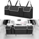 Car Trunk Organizer with Lid, Large Waterproof Vehicle Backseat Hanging Storage Bag with 4 Pockets & Adjustable Straps, Collapsible Automotive Interior Cargo Bag, Universal Fit (Black)