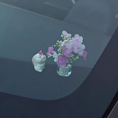 Generic Set of 2 Cute Mini Bunny and Peach Blossom in Flower Vase Car Rearview Mirror Ornaments Funny Dashboard Decorations Kawaii Car Interior Accessories for Women Gifts - Image 4
