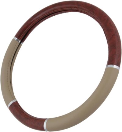 BDK Dark Wood Grain Car Steering Wheel Cover, Standard 15 inch with Beige Faux Leather Grip, Made to Fit Most Auto Truck Van SUV - Image 2