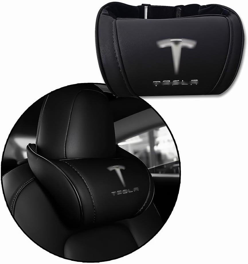 51b6qPxsOfL._AC_SL1000_.jpg Car Headrest Neck Pillow Support Ergonomic, with Valve Stem Covers Accessory for Driving Seat Fatigue Relief Compatible with Model S X 3 Y & Cybertruck - 1 Piece - Image 1