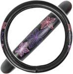 BDK GripGrab Comfort Grip - Purple & Pink Flowers Design on Black Synthetic Leather Steering Wheel Cover 15" - SW-538_AM - Image 2