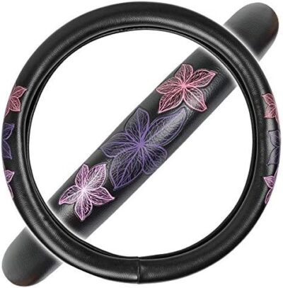 BDK GripGrab Comfort Grip - Purple & Pink Flowers Design on Black Synthetic Leather Steering Wheel Cover 15" - SW-538_AM - Image 2