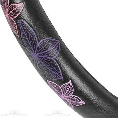 BDK GripGrab Comfort Grip - Purple & Pink Flowers Design on Black Synthetic Leather Steering Wheel Cover 15" - SW-538_AM - Image 6