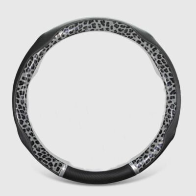 Peach Wood Grain Steering Wheel Cover Anti-Slip Breathable Durable Leather Four Seasons Universal 15 Inch Car Wrap Cover (Leopard-Gray) - Image 3