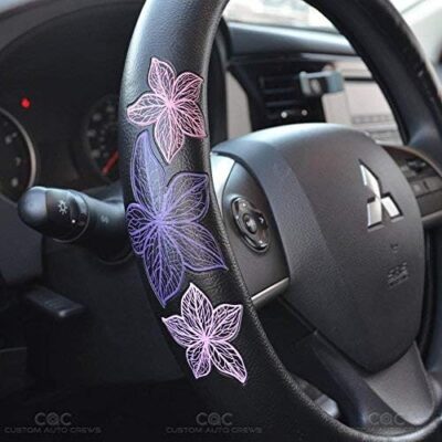 BDK GripGrab Comfort Grip - Purple & Pink Flowers Design on Black Synthetic Leather Steering Wheel Cover 15" - SW-538_AM - Image 5