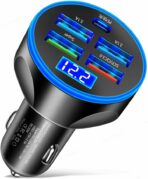 5-in-1 Multi-Port USB C Car Phone Charger with Voltage Display, 250W Super Fast Charge Cigarette Lighter USB Charger for iPhone/Android/Samsung/iPad Pro and More (Black)
