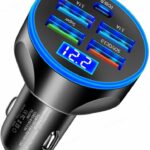 5-in-1 Multi-Port USB C Car Phone Charger with Voltage Display, 250W Super Fast Charge Cigarette Lighter USB Charger for iPhone/Android/Samsung/iPad Pro and More (Black)